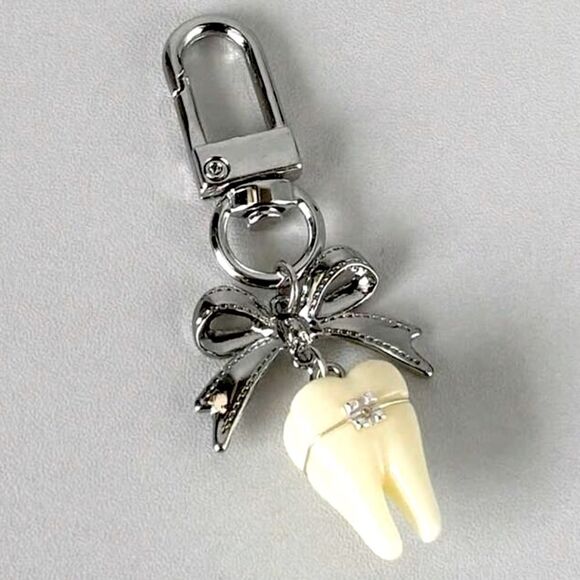 HALLOWEEN SALE Silver Coquette Tooth and Bow Keychain Bag Charm - Picture 2 of 4
